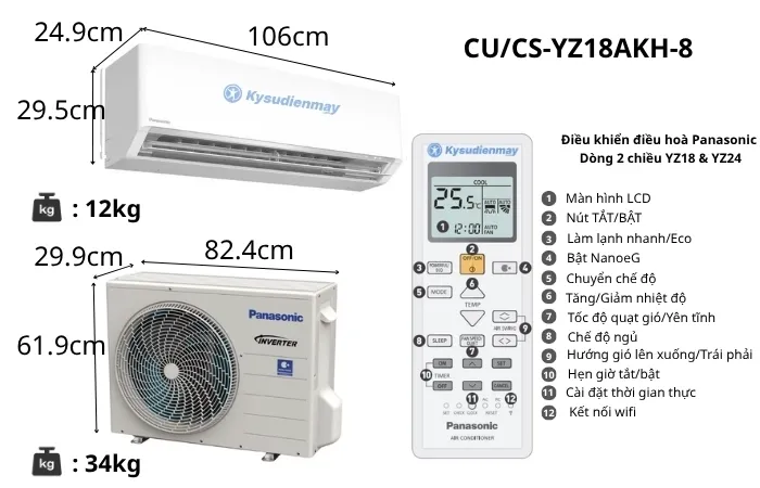 Thông số kỹ thuật điều hoà panasonic 18000btu 2 chiều inverter CU/CS-YZ18AKH-8